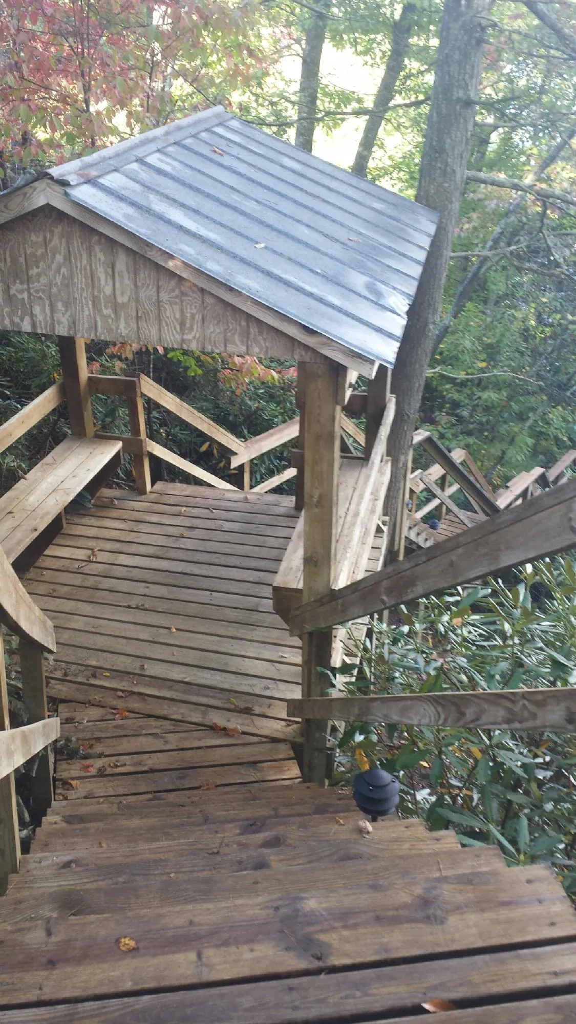 Metal roofed shelter over wooden steps on a wooded walkway — Skylight Repair & Installation work by our crew in Tonica